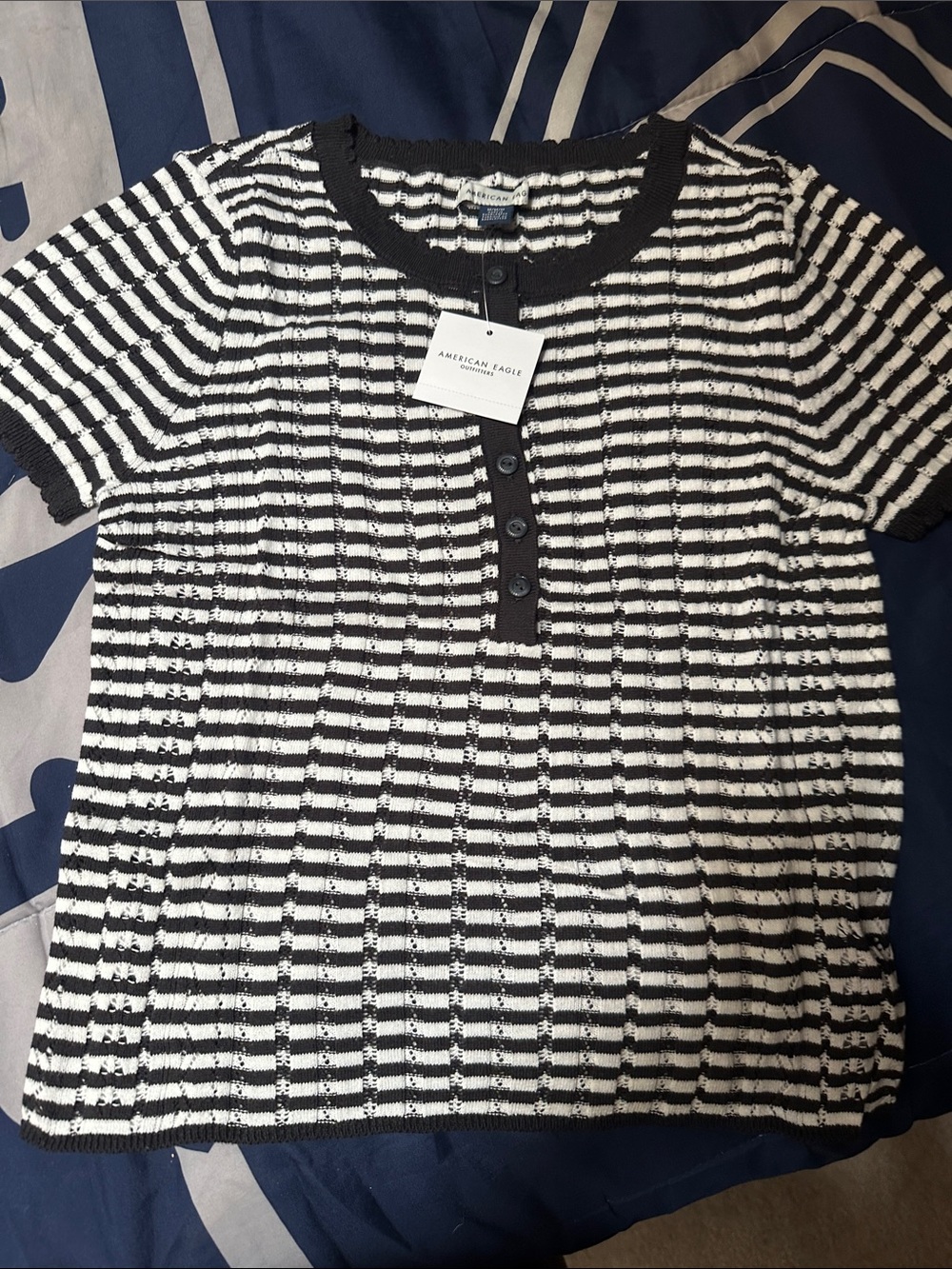 American Eagle Outfitters Black & White Striped Button-Front Knit Top